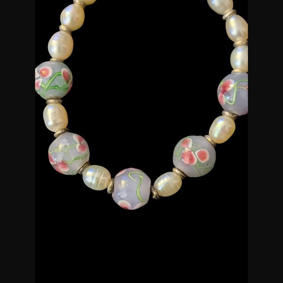Natural Pearl Hand Painted Glass Bead Size 5.75" Statement Bracelet - Picture 7 of 7